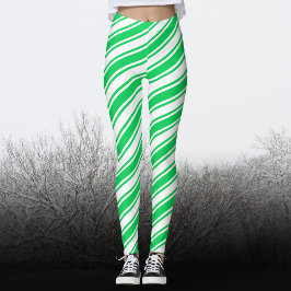 Green White Candy Cane Diagonal Strip Weihnachten Leggings