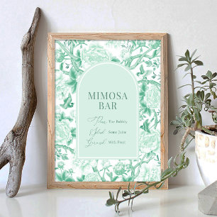 Green White Chinoiserie Mimosa Bar Wedding Sign Poster