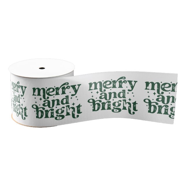 Green & White Christmas Merry & Bright Holiday Ripsband (Spule)