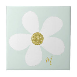 Green White Daisy Simple Floral Gold Personal Fliese
