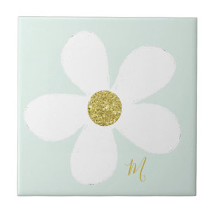Green White Daisy Simple Floral Gold Personal Fliese