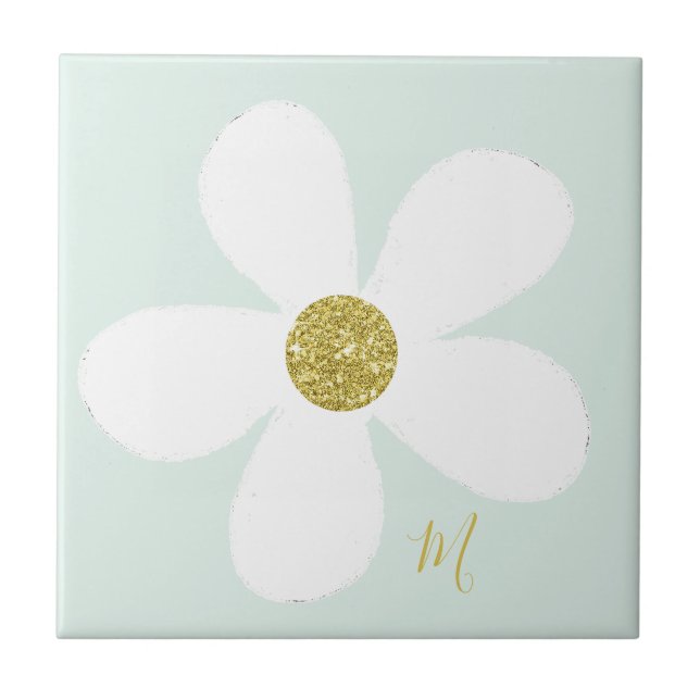 Green White Daisy Simple Floral Gold Personal Fliese (Vorderseite)
