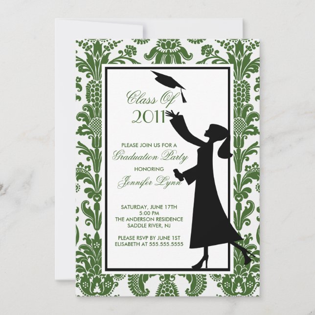 Green & White Damask Abschluss Einladung Grad (Vorderseite)