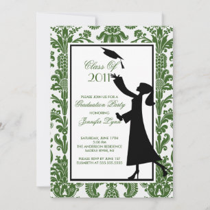 Green & White Damask Abschluss Einladung Grad