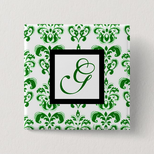 GREEN WHITE DAMASK BLACK SQUARE MONOGRAMM BUTTON (Vorderseite)