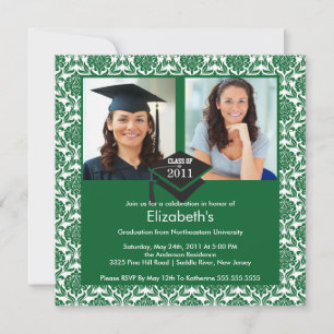 Green & White Damask Foto Abschluss Einladung