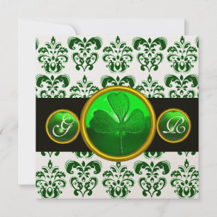 GREEN WHITE DAMASK, KLEEBLATT MONOGRAMM Champagner Einladung