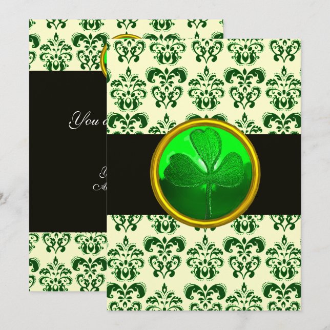 GREEN WHITE DAMASK MIT KLEEBLATT Black Silver Einladung (Vorne/Hinten)
