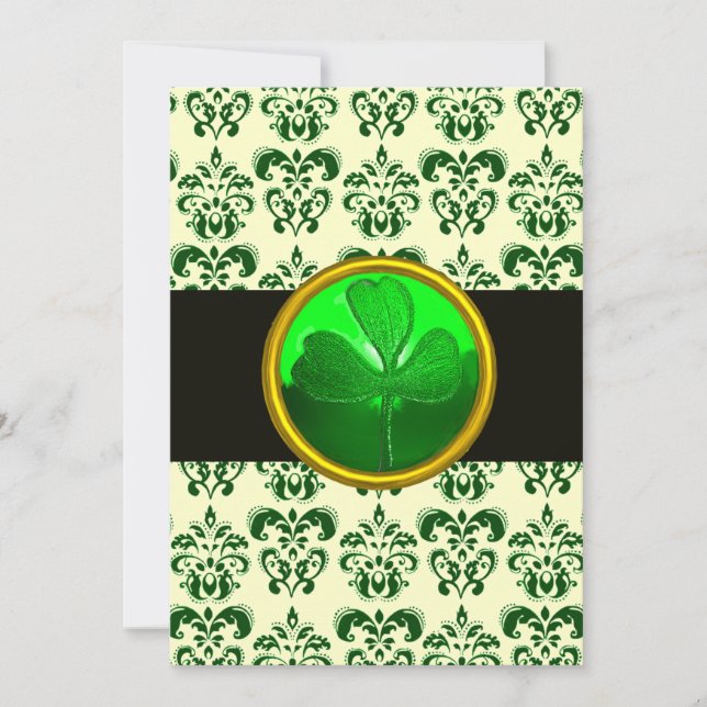 GREEN WHITE DAMASK MIT KLEEBLATT St Patrick's Day Einladung (Vorderseite)