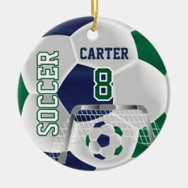 Green, White & Dark Blue Personalize Soccer ⚽ Keramik Ornament