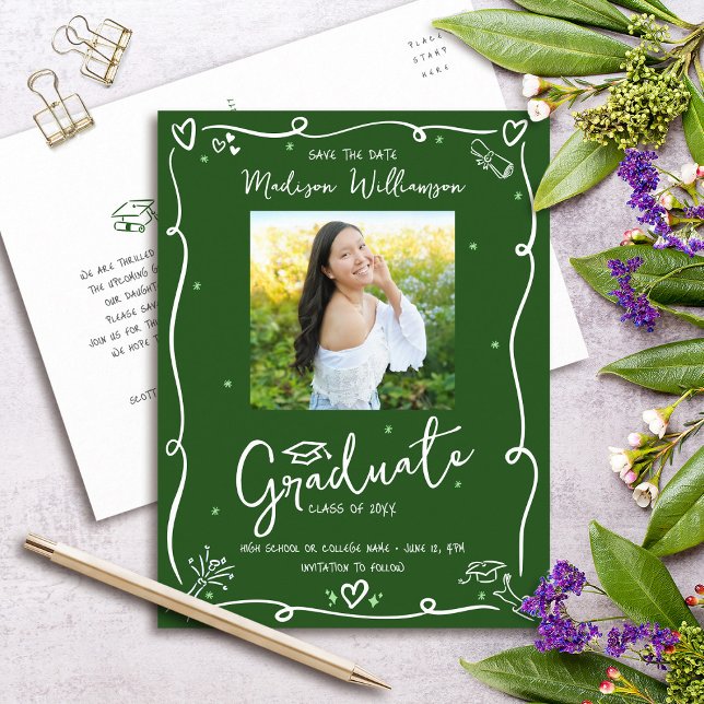 Green White Doodles Graduation Save the Date Photo Einladungspostkarte (Von Creator hochgeladen)