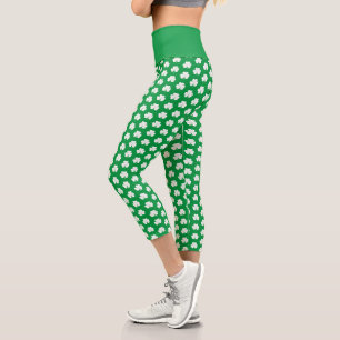 Green White Elegant Irish Kleeblatt Clover Pattern Capri Leggings