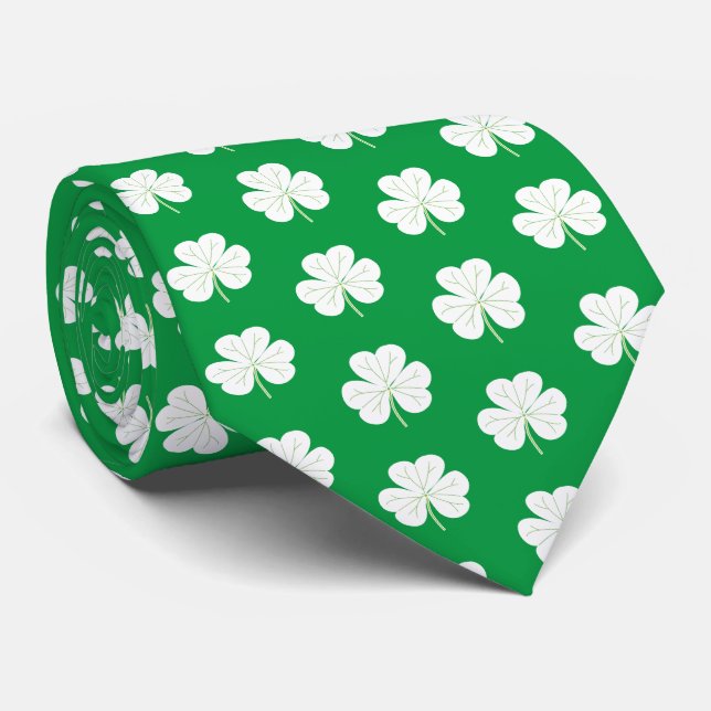 Green White Elegant Irish Kleeblatt Clover Pattern Krawatte (Gerollt)