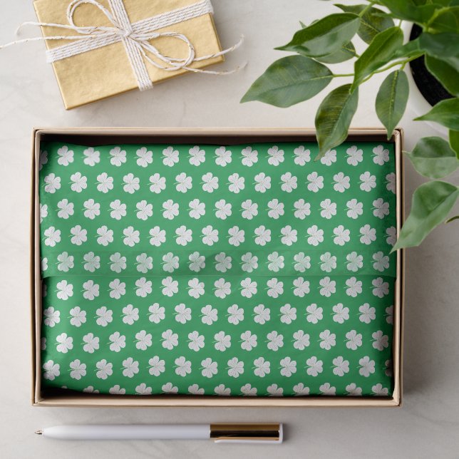 Green White Elegant Irish Kleeblatt Clover Pattern Seidenpapier (Geschenk)