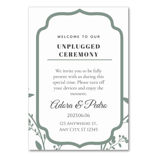 Green & White Elegant Wedding Tischnummer (Vorderseite)