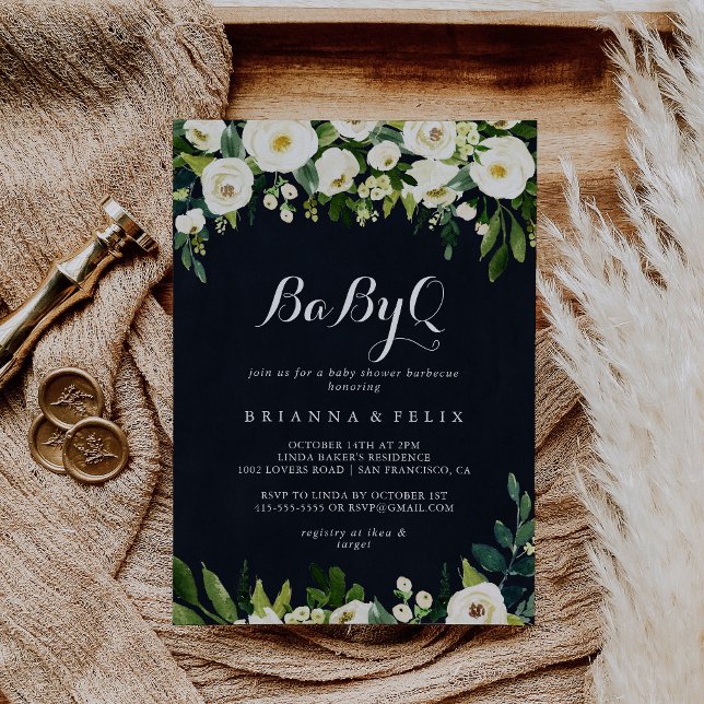 Green White Floral BabyQ Baby Duschgrill Einladung (Von Creator hochgeladen)
