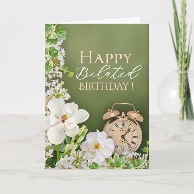 Green White Floral Botanical Belated Birthday Card Karte (Vorderseite)