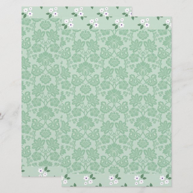 Green White Floral Damask Simple Modern Briefpapier (Vorne/Hinten)