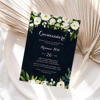 Green White Floral Royal Blue Quinceañera Einladung