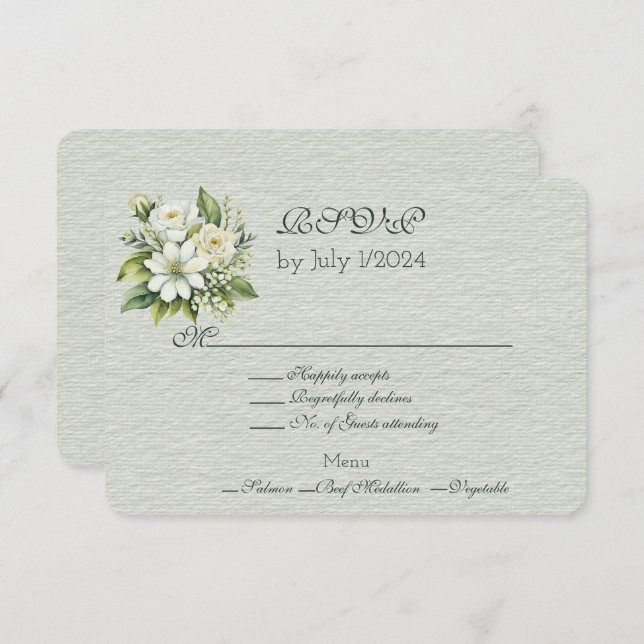 Green White Floral Wedding Bouquet RSVP Karte (Vorne/Hinten)