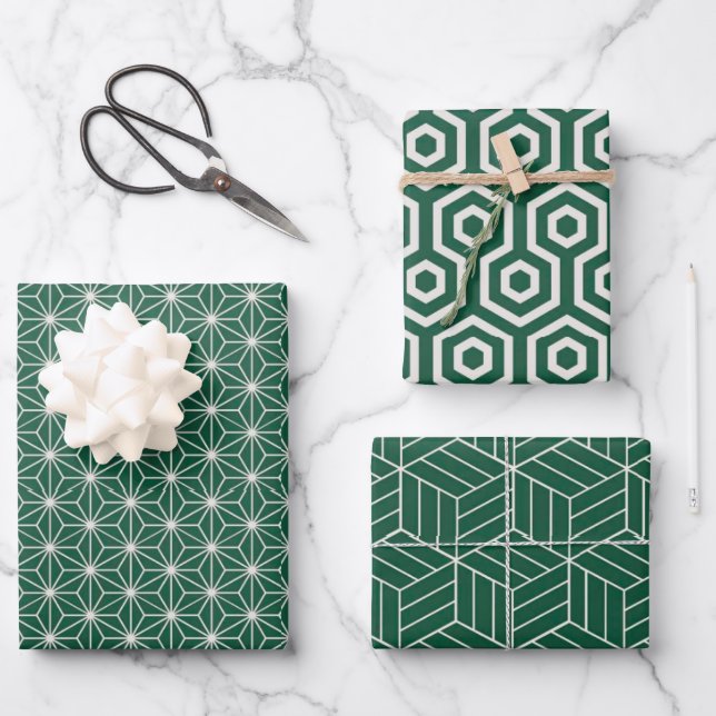 Green + White Geometric Muster | Geschenkpapier Set (Vorderseite)