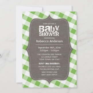 Green & White Gingham Leinwand Babydusche Einladung