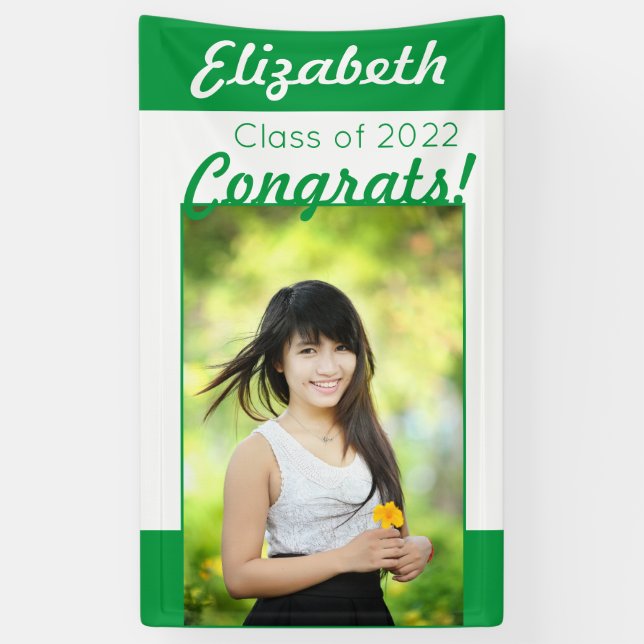 Green & White Glückwunschs One Foto Graduation Par Banner (Vertikal)