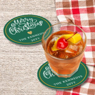 Green White Gold Frohe Weihnachten Runder Pappuntersetzer