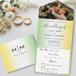 Green White & Gold Jamaica Modernes Foto Hochzeit All In One Einladung