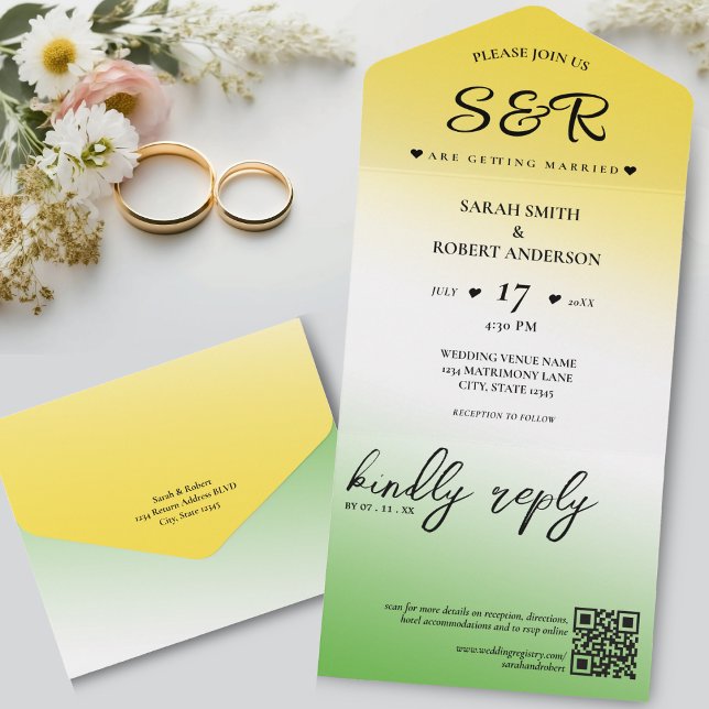 Green White & Gold Jamaica Ombre QR Code Wedding All In One Einladung (Green White & Gold Jamaica Ombre QR Code Wedding All In One Invitation)