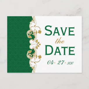 Green White Gold Scrolls Save the Date Postcard Ankündigungspostkarte