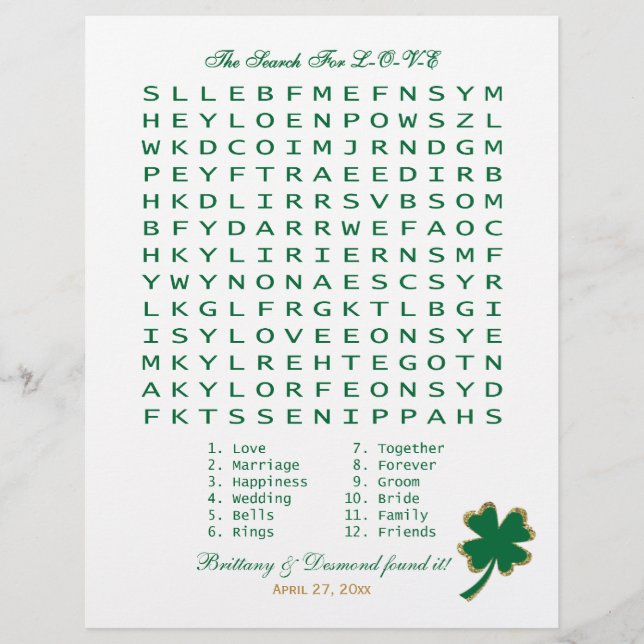 Green White Gold "Search for Liebe" Wordsearch Gam (Vorderseite)