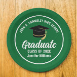 Green White Graduate Custom 2025 Graduation Party Pappteller<br><div class="desc">Diese moderne,  in Grün und Weiß gehaltene Tischplatte zeigt klassische Typografie Ihres High School- oder Uni-Namens für die Klasse 2025. Passen Sie mit Ihrem geschlossen Jahr unter der schicken handgeschriebenen Drehbuch und schwarzen Graduiertenkappe für ein großartiges personalisiertes Graduiertendekor.</div>