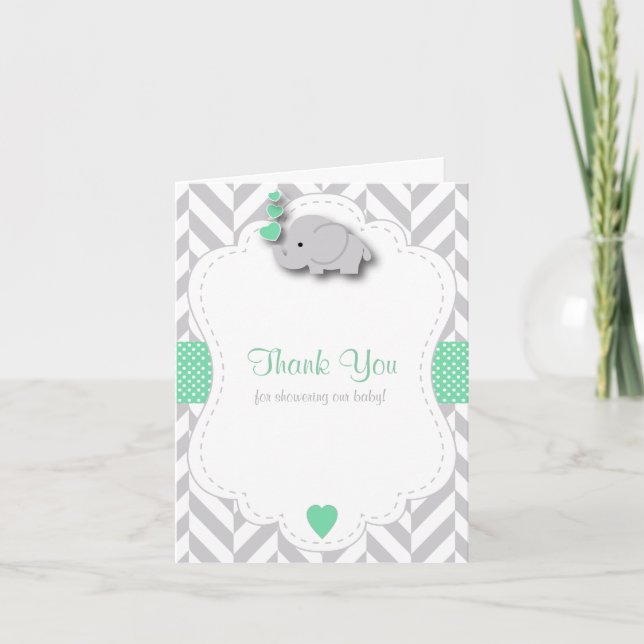 Green, White Gray Elephant Baby Dusche Danke (Vorderseite)