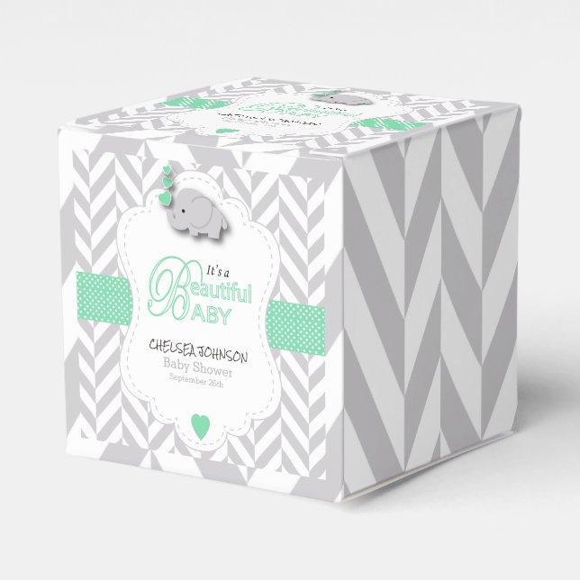 Green, White Gray Elephant Baby Dusche Geschenkschachtel (Vorderseite)