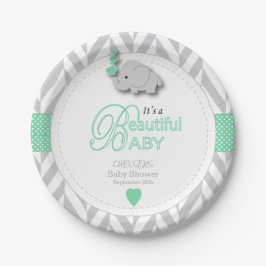 Green, White Gray Elephant Baby Dusche Pappteller
