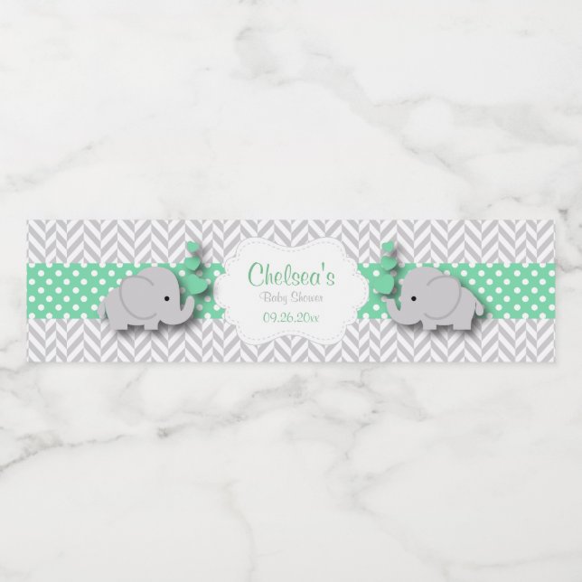 Green, White Gray Elephant Baby Dusche Wasserflaschenetikett (Einzelnes Label)