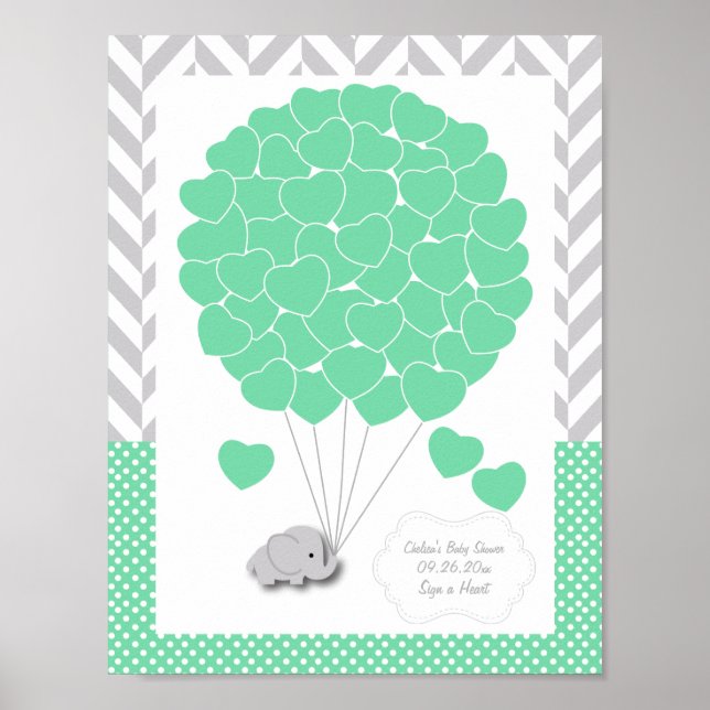 Green, White Gray Elephant Baby Shower - Gast Poster (Vorne)