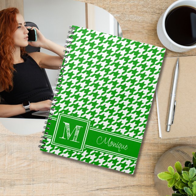 Green White Hahnentrittmuster | Modernes Monogramm Notizblock (Von Creator hochgeladen)