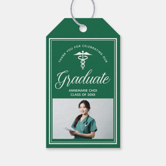 Green White Medical School Photo Graduation Party Geschenkanhänger (Vorderseite)