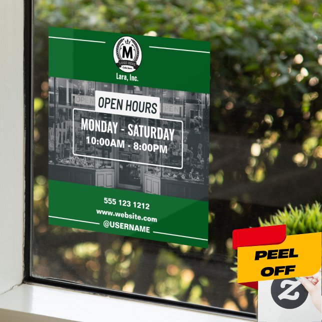 Green White Monochrome Simple Open Hours Store Fensteraufkleber (Minimalist Green & White Open Hours Window Clings & Frames)