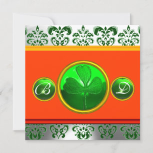 GREEN WHITE ORANGE DAMASK, KLEEBLATT MONOGRAMM EINLADUNG