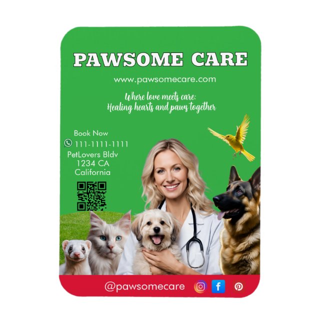 Green White Pet Store Sign Dogs, Cats, Birds Vet  Magnet (Vertikal)