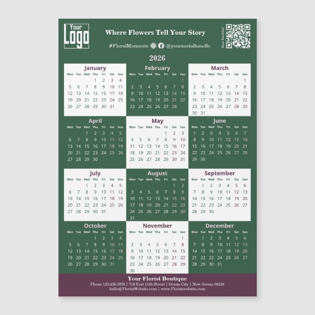 Green, White, Pink Your Logo 2026 Magnet Calendar (Vorderseite)