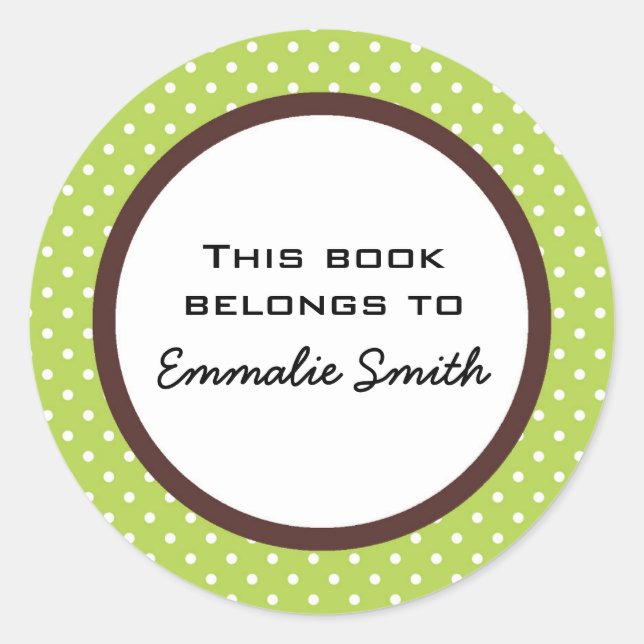 Green White Polka Dot und Brown Book Name Sticker (Vorderseite)