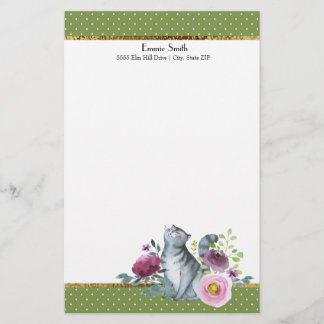 Green White Polka Dots Gold Gray Cat Blume Briefpapier
