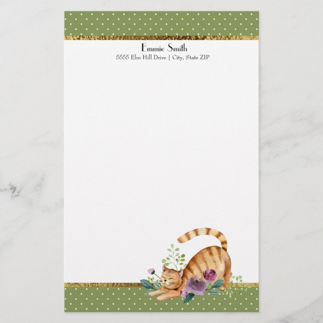 Green White Polka Dots Gold Tiger Cat Stationery Briefpapier (Vorderseite)