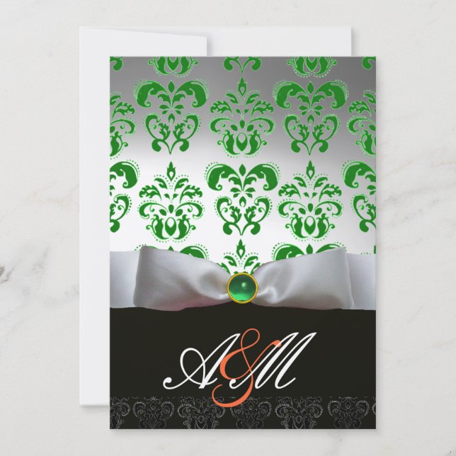 GREEN WHITE RIBBON & BLACK DAMASK MONOGRAMM Gold Einladung (Vorderseite)