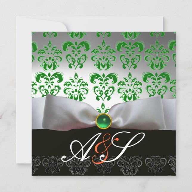 GREEN WHITE RIBBON & BLACK DAMASK MONOGRAMM Gold Einladung (Vorderseite)