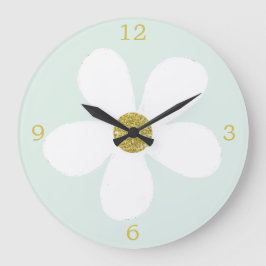 Green White Simple Daisy Gold Große Wanduhr
